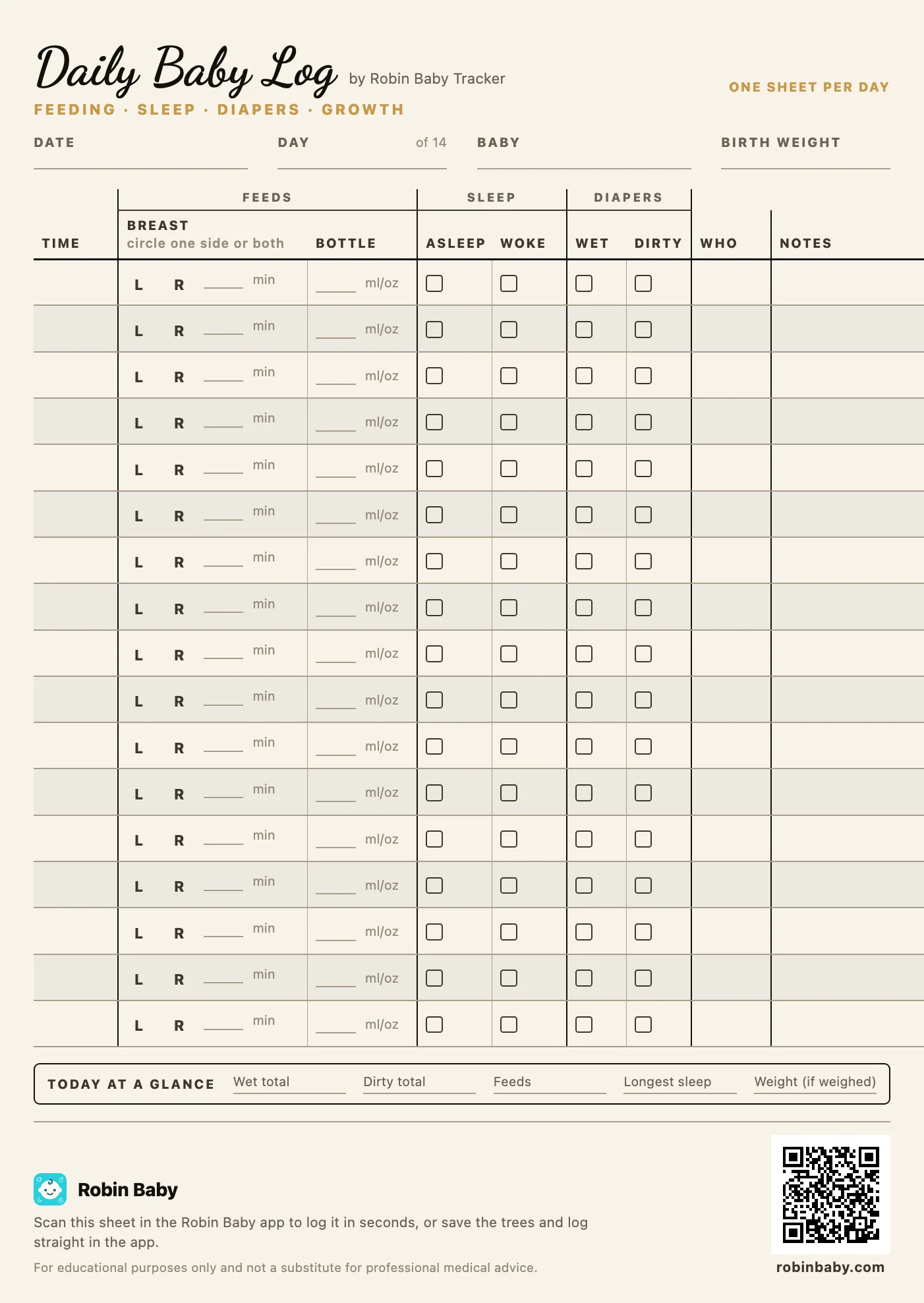 The printable Daily Baby Log sheet: one page per day with columns for breast and bottle feeds, sleep, wet and dirty diapers, who logged it, and notes, plus a daily summary line.