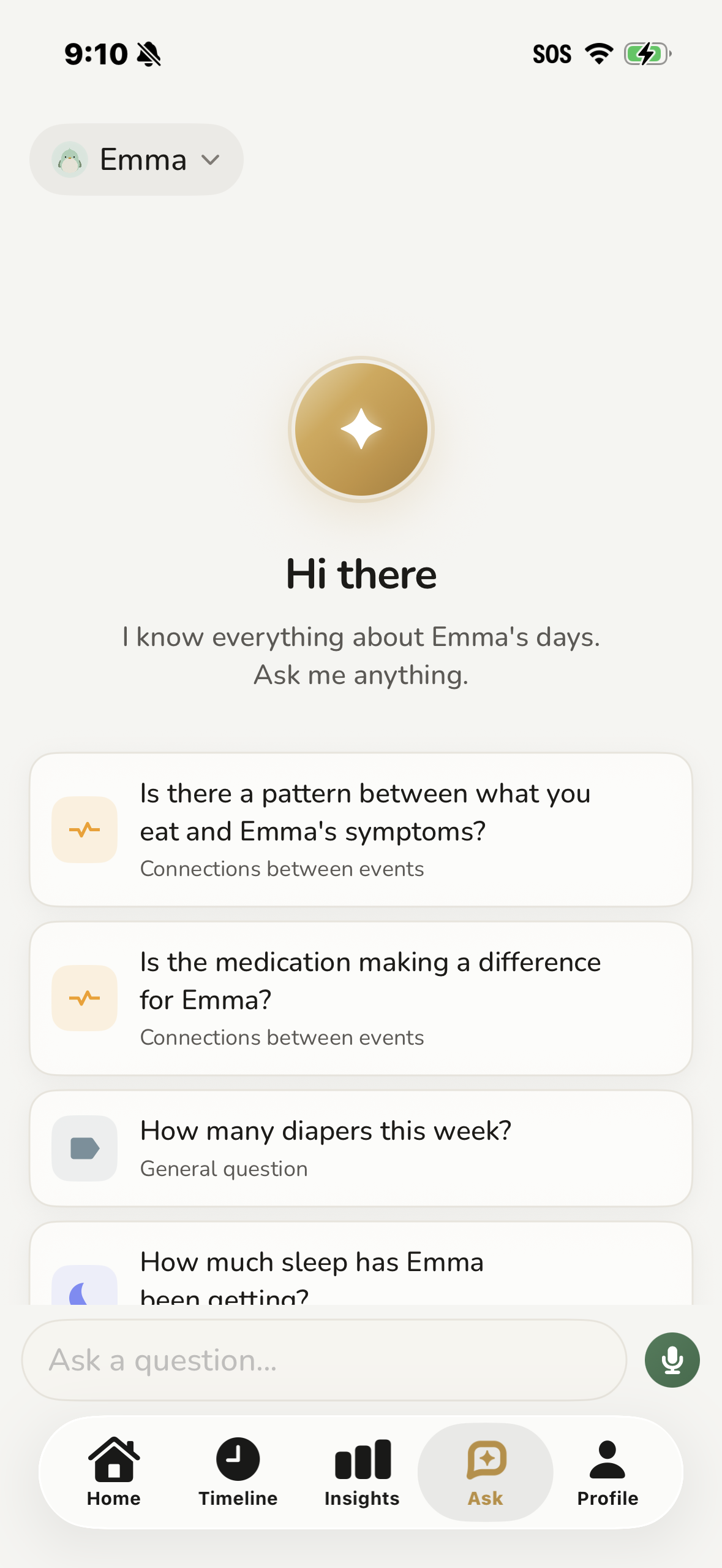 Robin Baby Ask feature showing answered questions about your baby's day