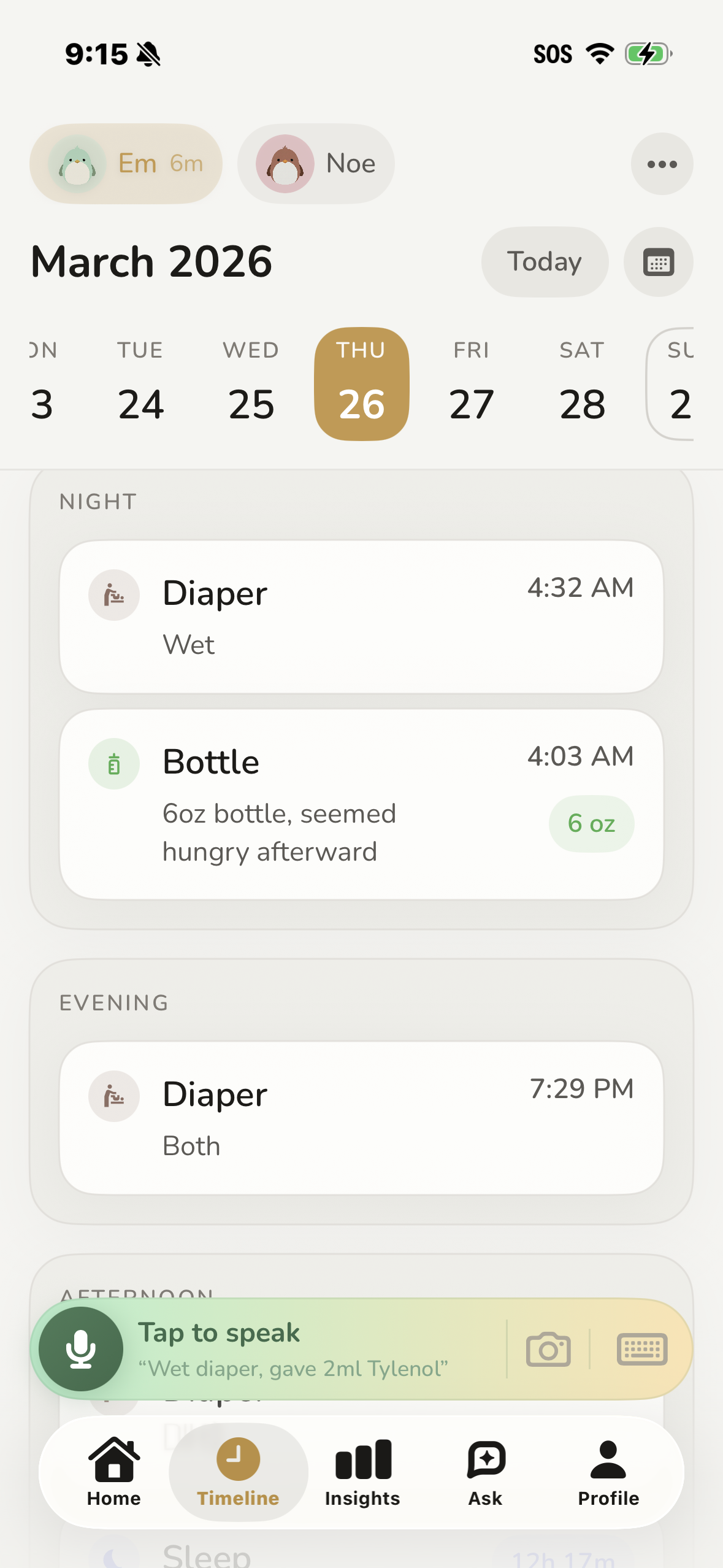 Robin Baby timeline view of baby's feeds and diapers