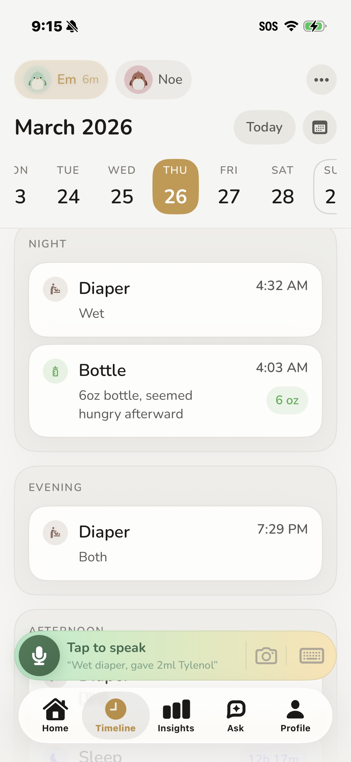 Robin Baby timeline view of baby's feeds and diapers